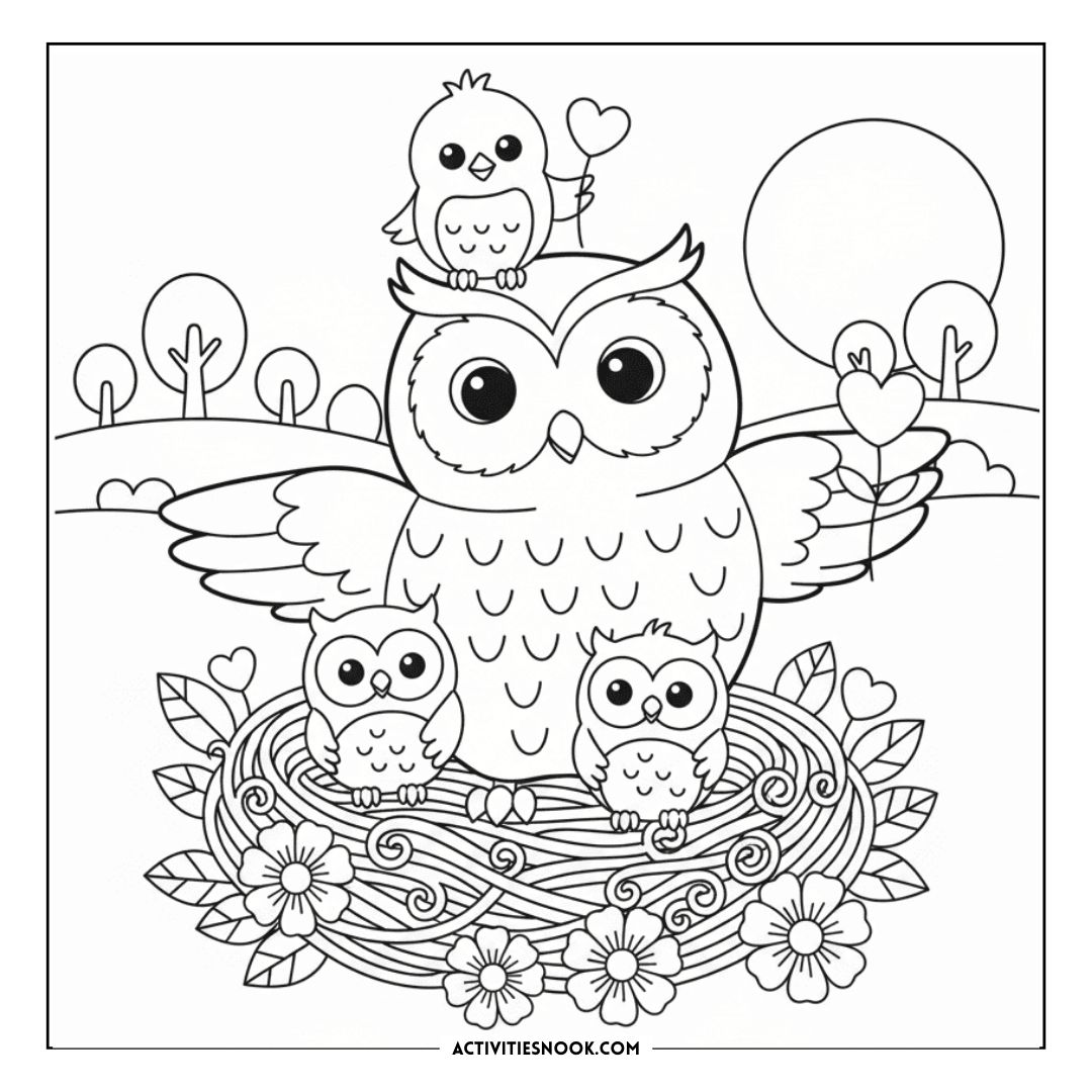Coloring page featuring a large owl with two smaller birds and a nest surrounded by flowers and trees.