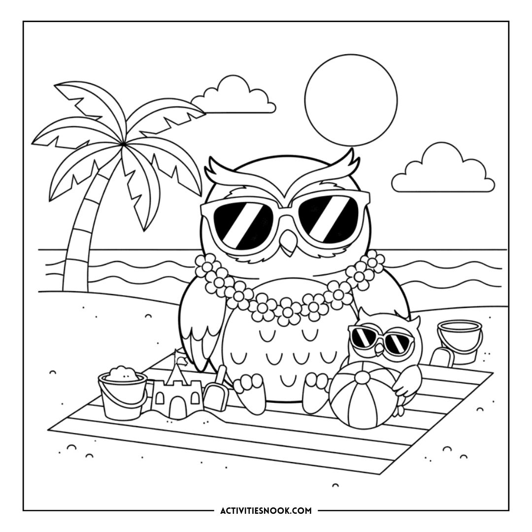 Coloring page featuring a large owl wearing sunglasses and a smaller owl on a beach with a palm tree and sun.