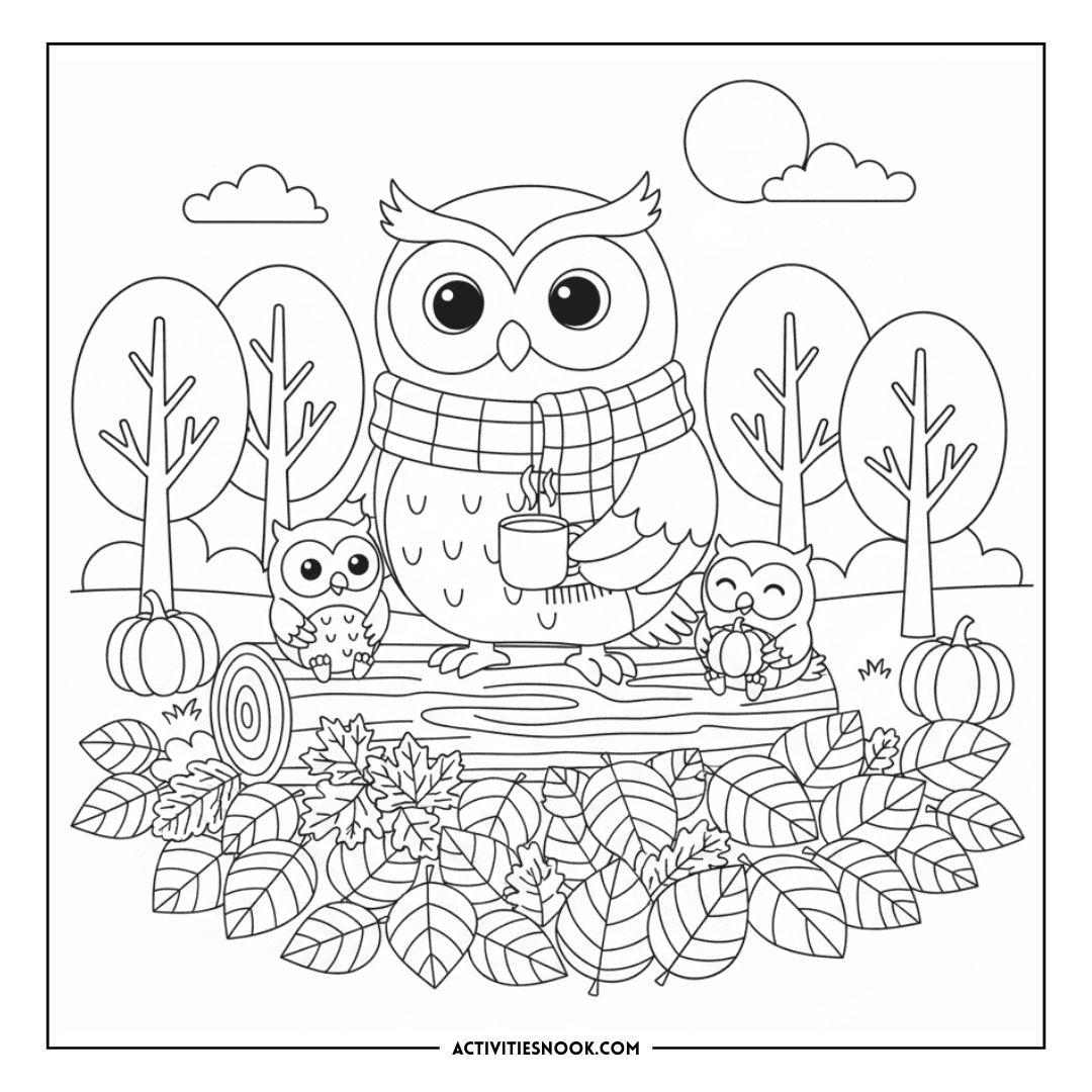 Coloring page featuring an owl wearing a scarf, holding a cup, with two smaller owls and autumn leaves.