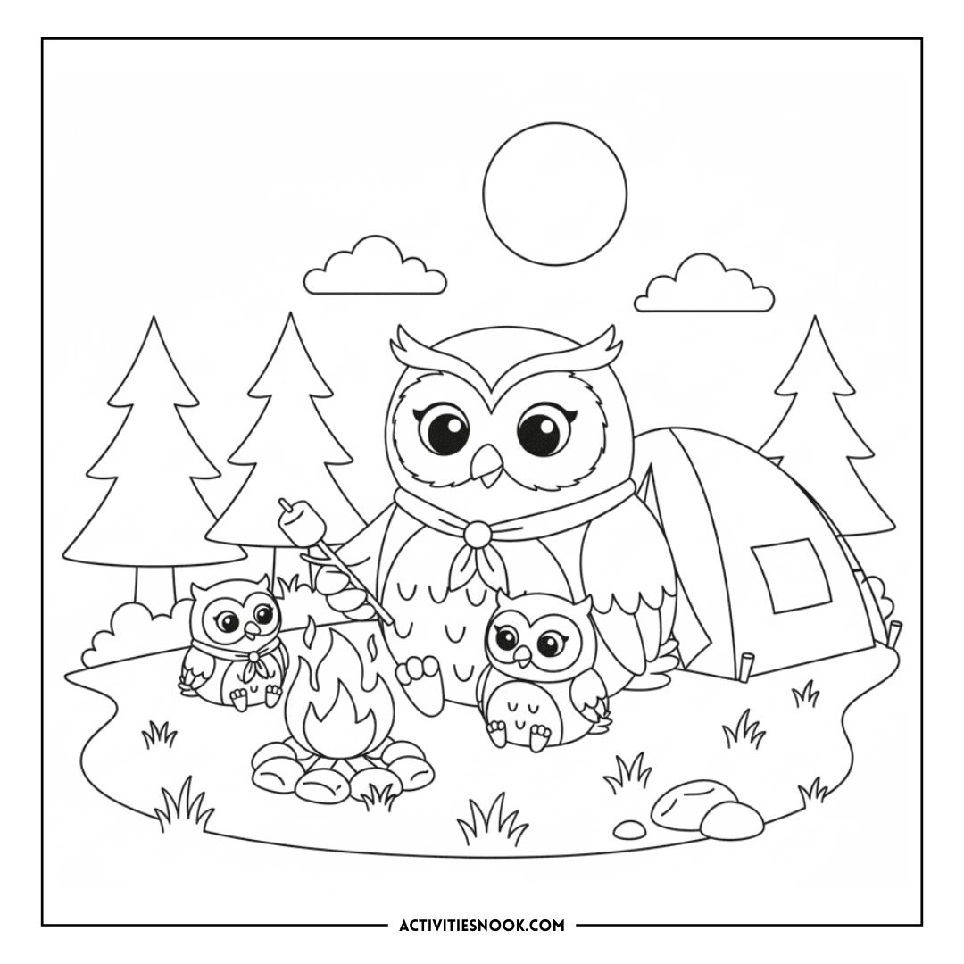 Coloring page featuring an owl with two smaller owls by a campfire in a forest setting.