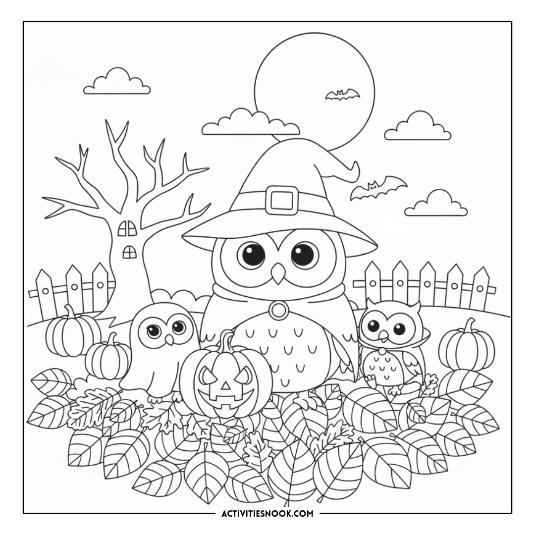 Coloring page featuring an owl in a witch hat surrounded by pumpkins and two smaller owls in a fall setting.
