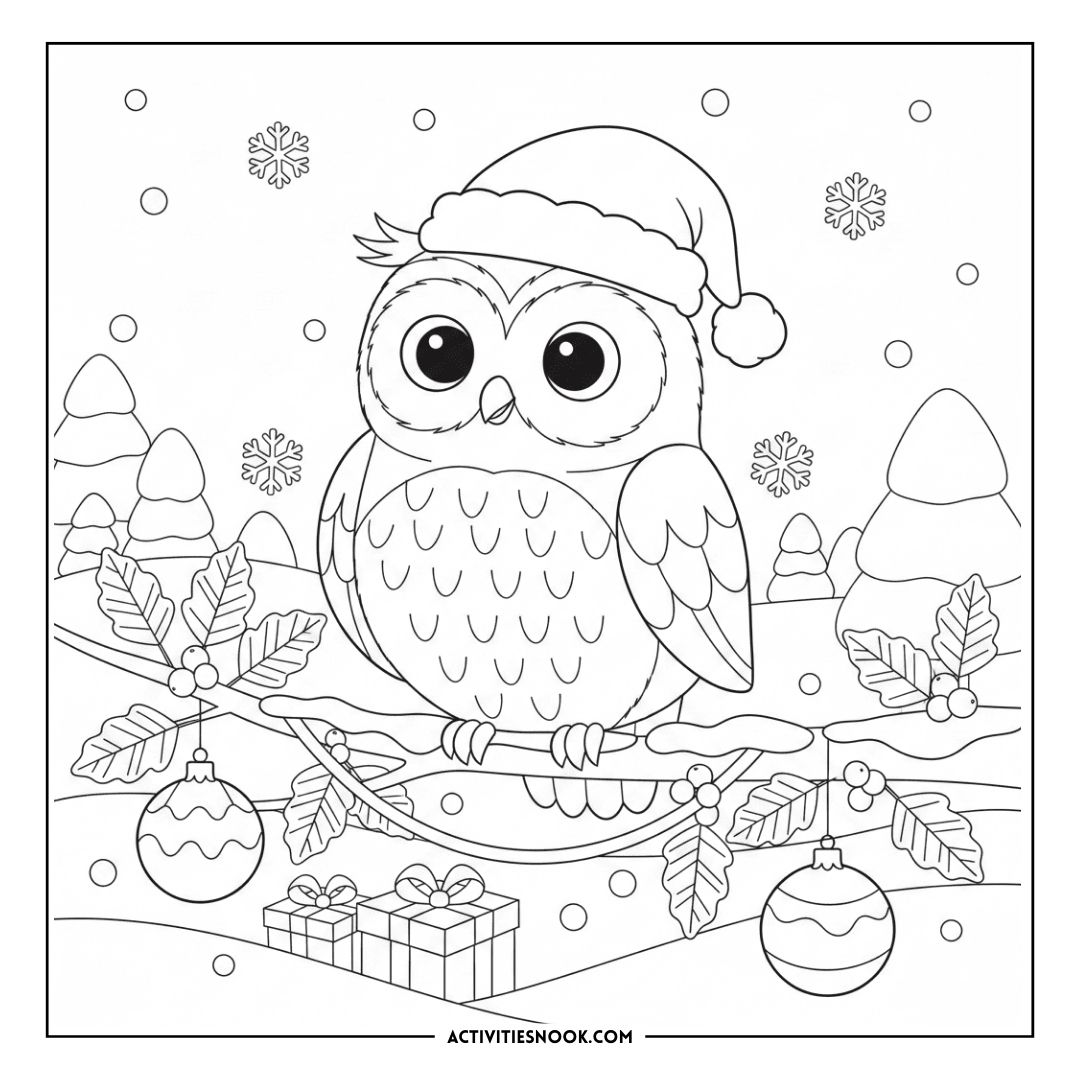 Coloring page featuring a cartoon owl wearing a Santa hat, surrounded by snowflakes and Christmas decorations.