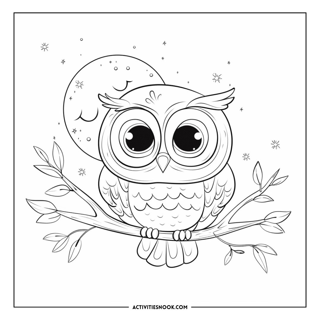Black and white owl illustration perched on a branch with a crescent moon and stars in the background.