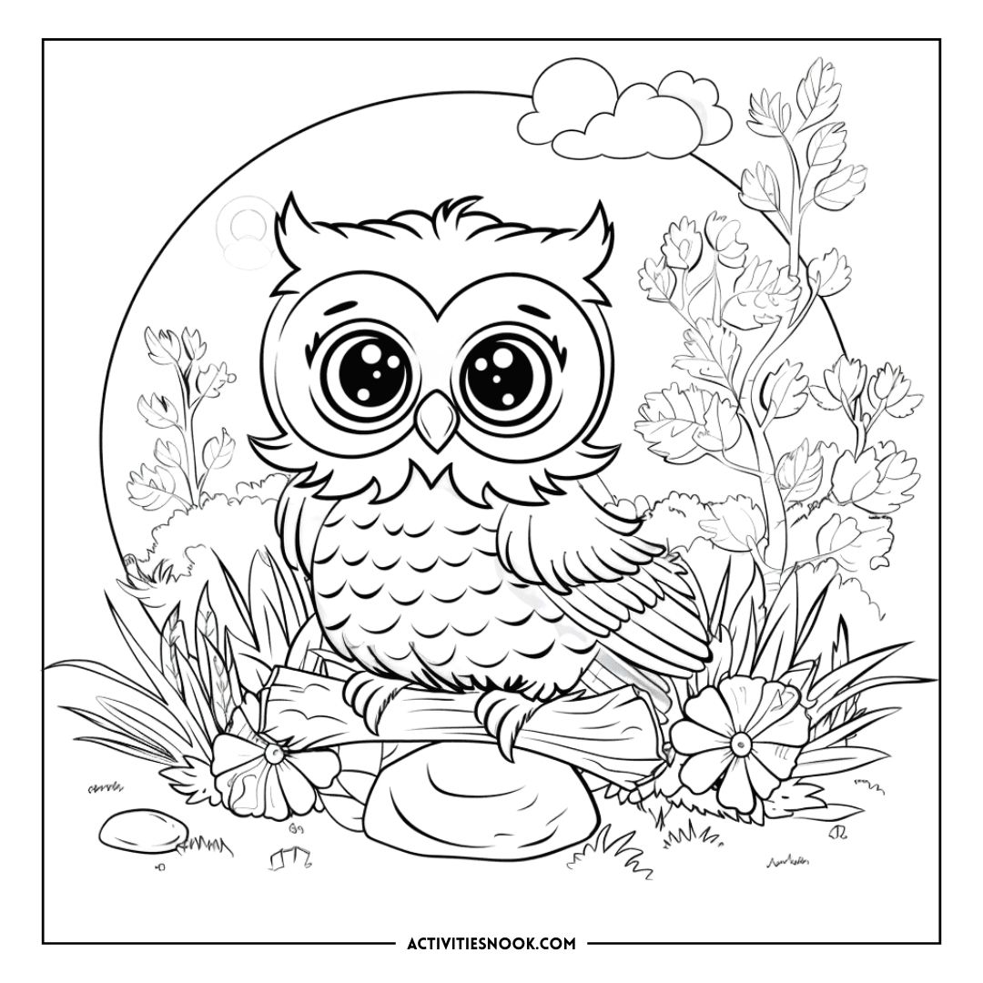 Black and white owl coloring page featuring a cartoon-style owl with large eyes surrounded by flowers and plants.