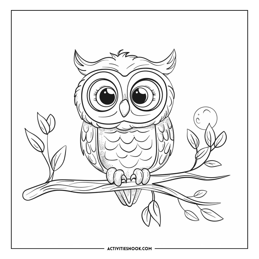 Black and white owl illustration perched on a branch with large eyes and detailed feathers.