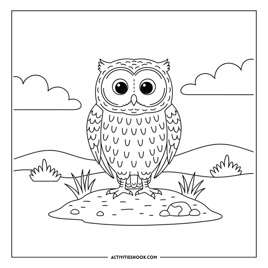 Black and white illustration of an owl standing on a rock with large eyes and detailed feathers.