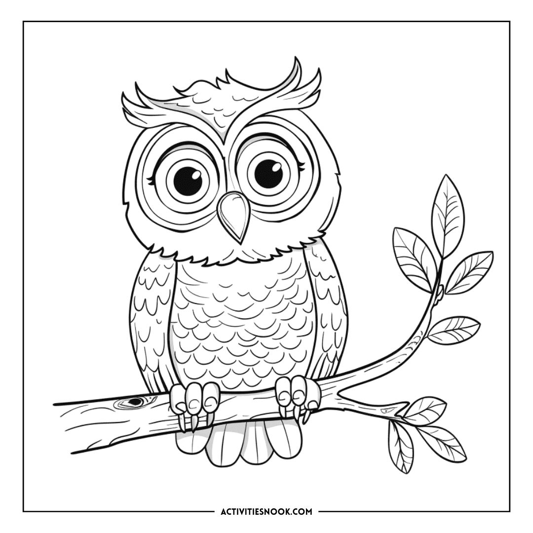 Black and white illustration of an owl perched on a branch with large eyes and detailed feathers.