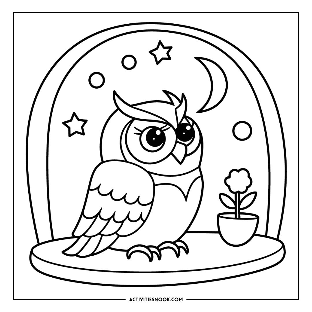 Black and white coloring page featuring an owl with big eyes sitting beside a flower pot and a crescent moon.