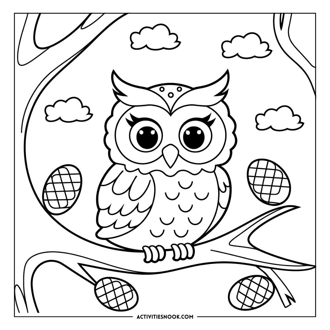 Black and white coloring page featuring an owl perched on a branch with pine cones and clouds.