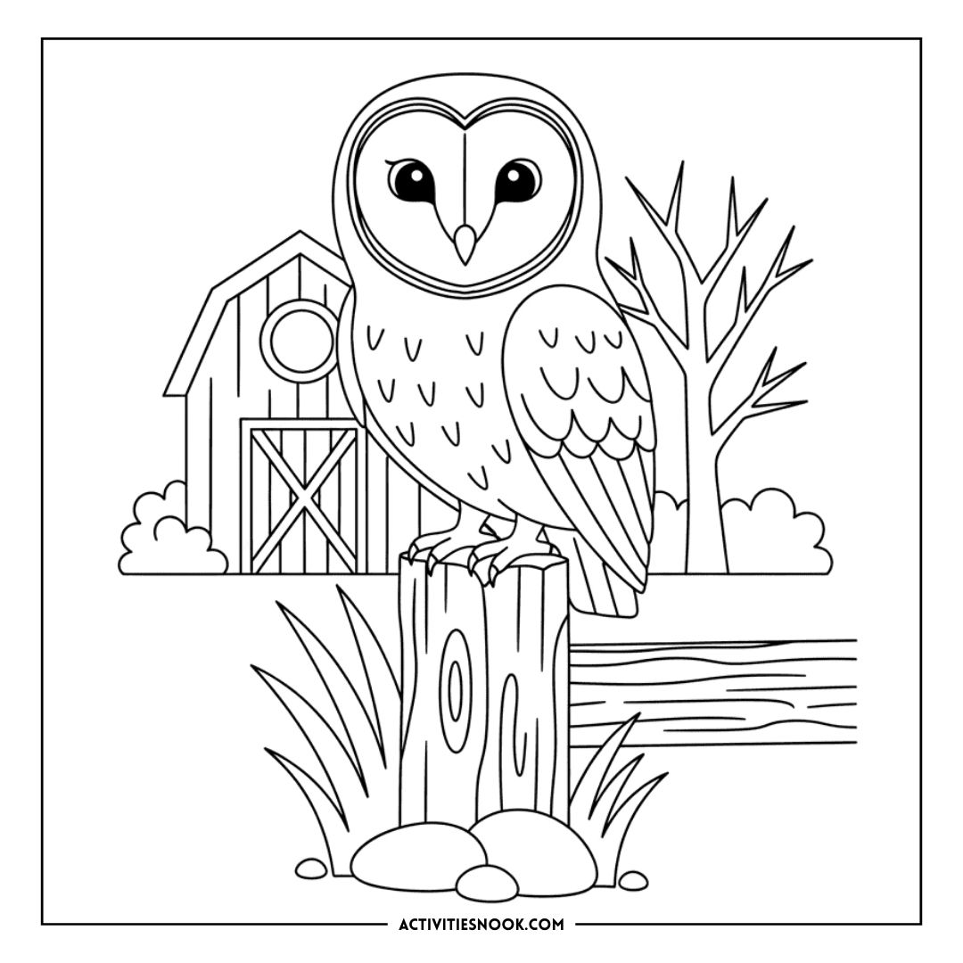 Black and white owl illustration standing on a stump with a barn and tree in the background.