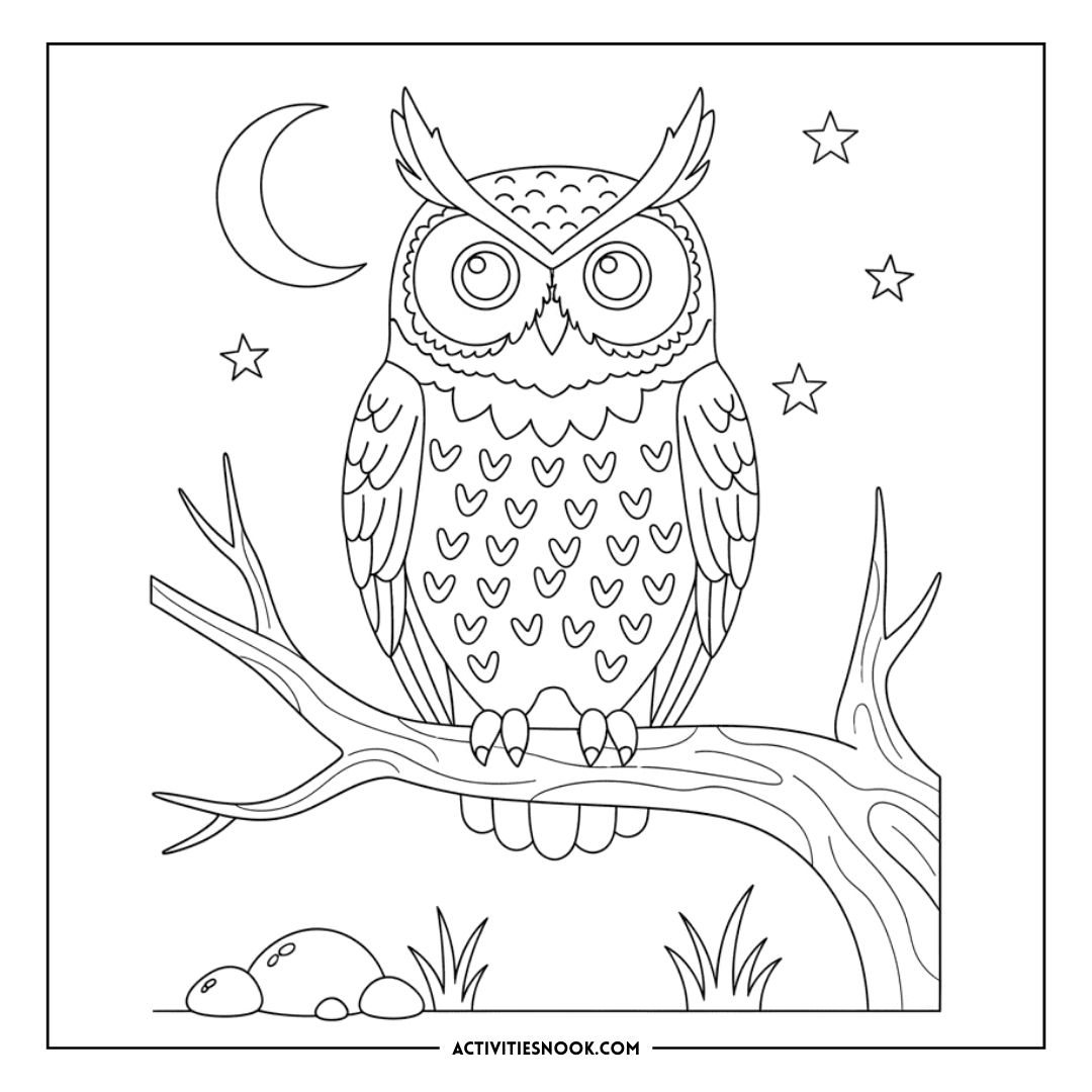 Black and white owl coloring page with hearts on its feathers, perched on a branch under a crescent moon and stars.