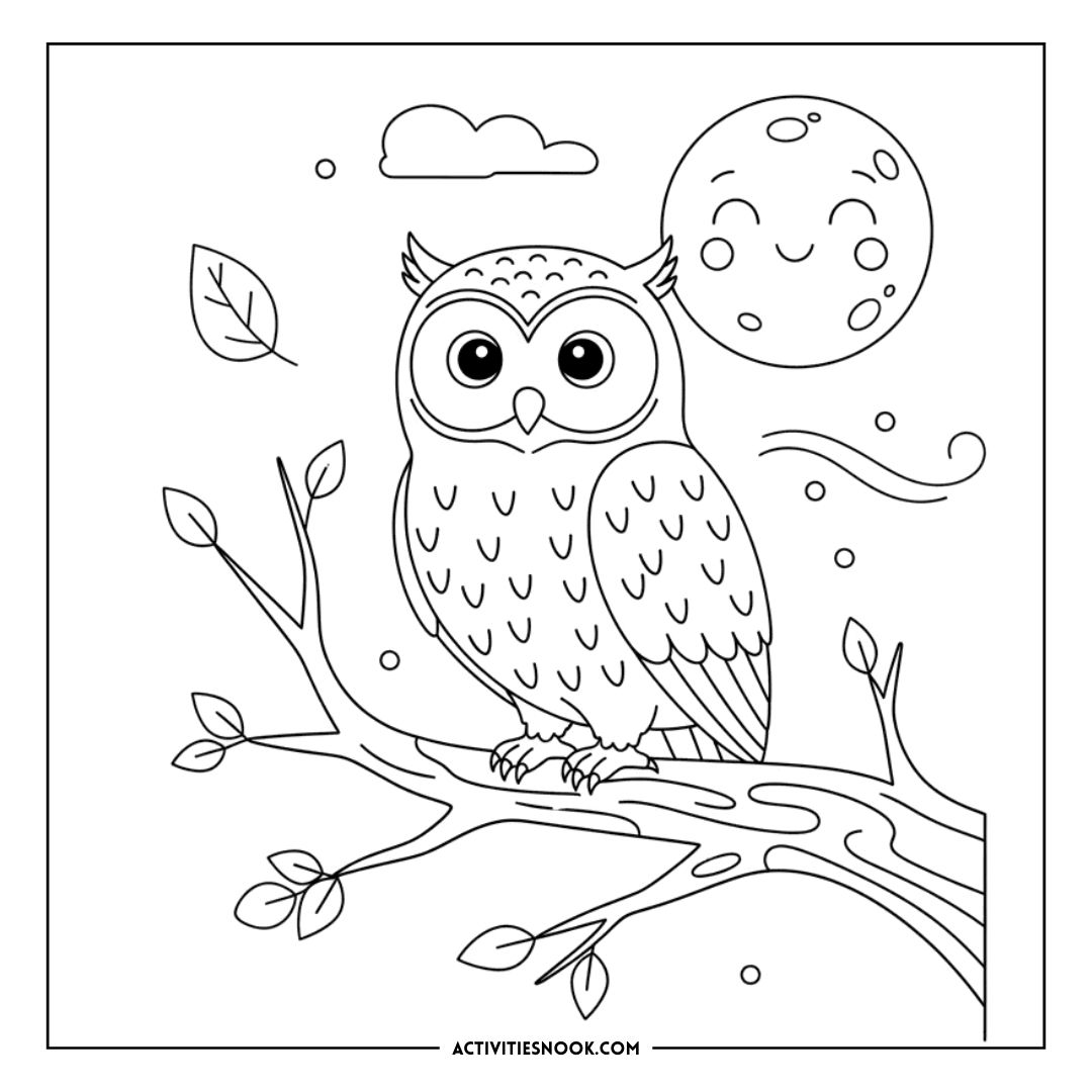 Line art illustration of an owl perched on a branch with a moon and clouds in the background.