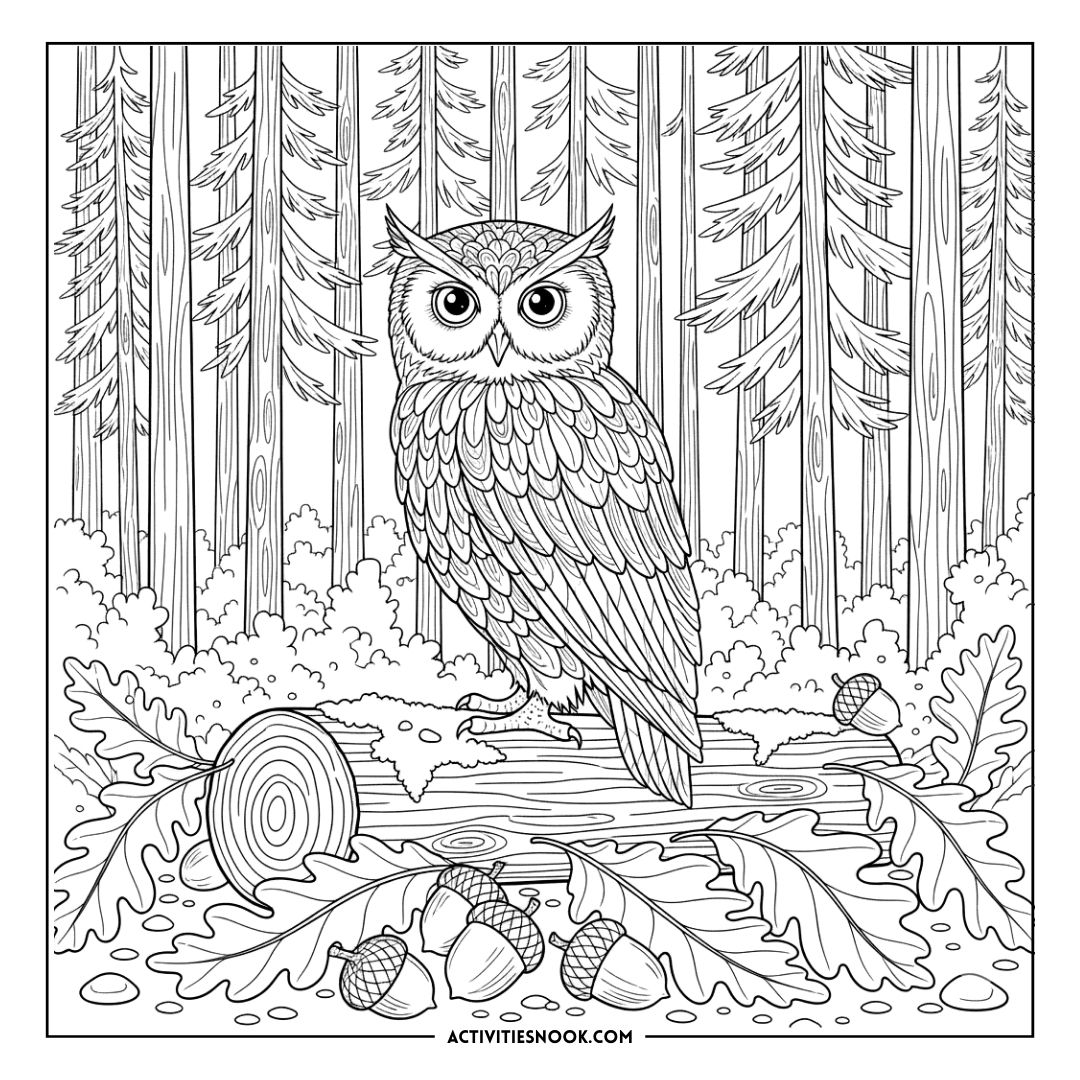 Black and white owl coloring page featuring an owl perched on a log surrounded by trees, acorns, and leaves.