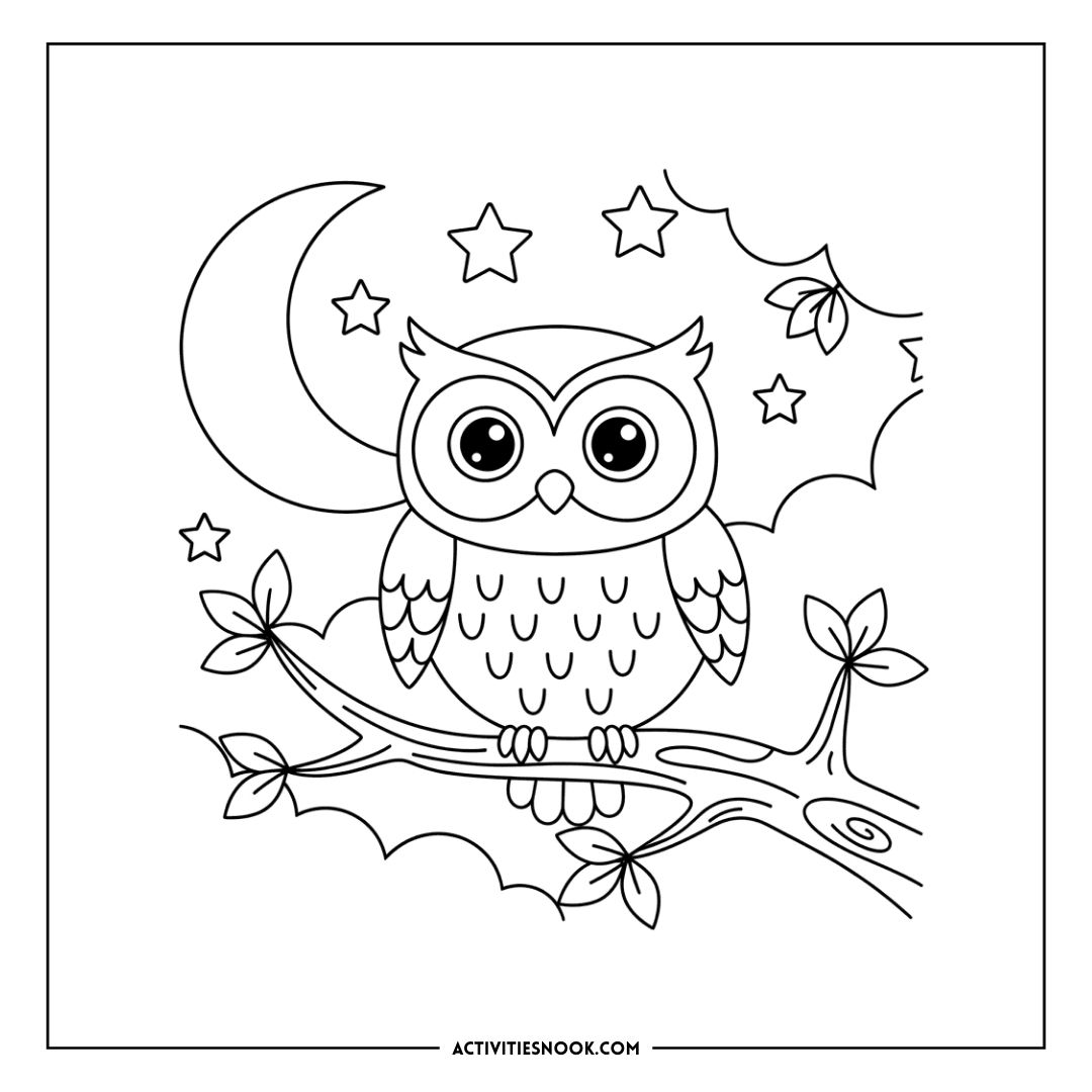 Line art illustration of an owl perched on a branch with a crescent moon and stars in the background.