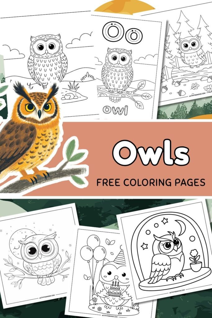 Illustration of various owl coloring pages with a prominent owl on a branch and multiple owl designs in black and white.