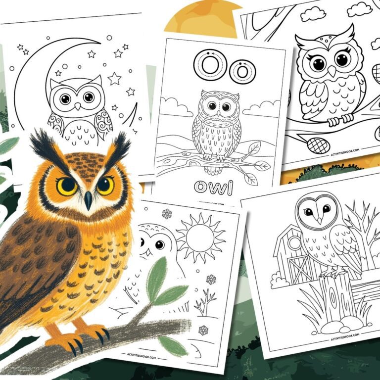 Collection of owl-themed coloring pages featuring various owl illustrations and designs.