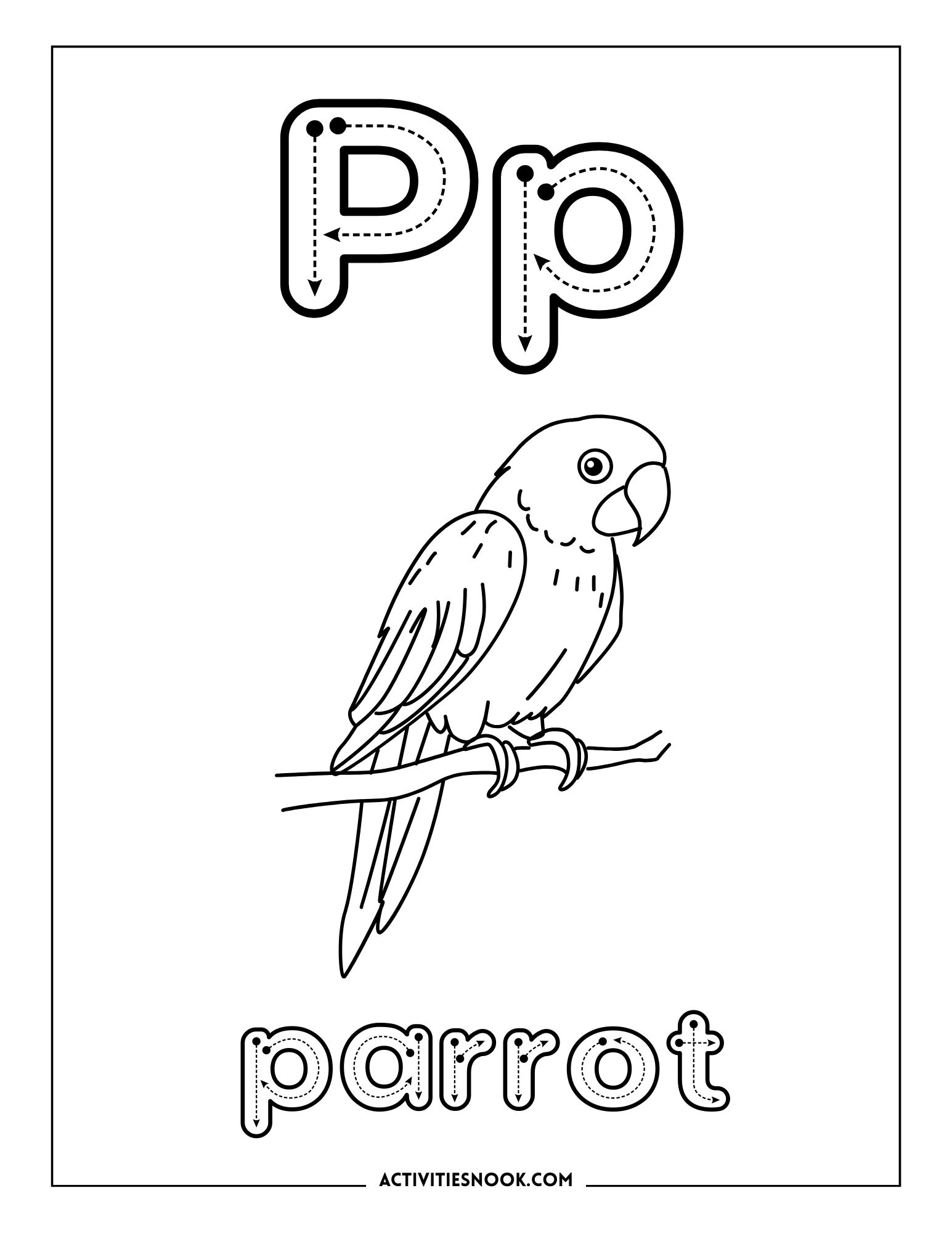 Black and white parrot coloring page featuring the letter P and the word 'parrot' below the illustration.