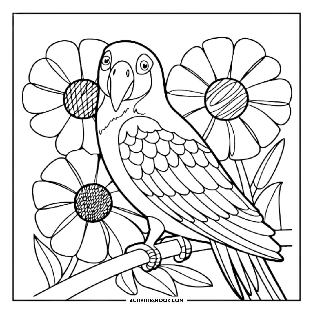 Coloring page featuring a parrot perched on a branch surrounded by flowers, designed for coloring activities.