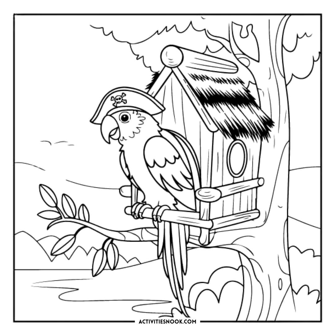 Black and white coloring page of a parrot wearing a pirate hat perched on a birdhouse in a tree.