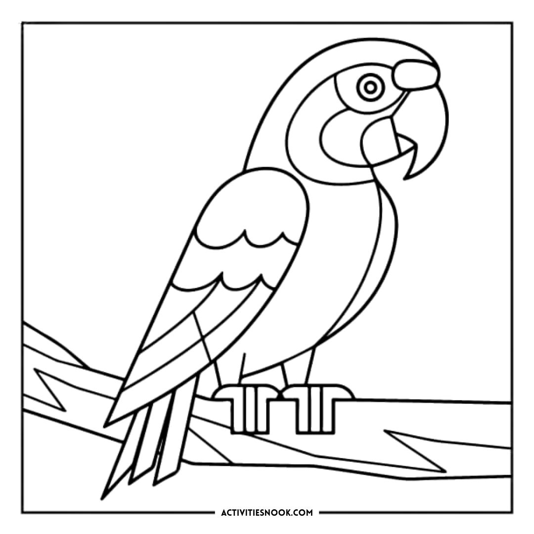 Black and white outline drawing of a parrot perched on a branch, suitable for coloring activities.