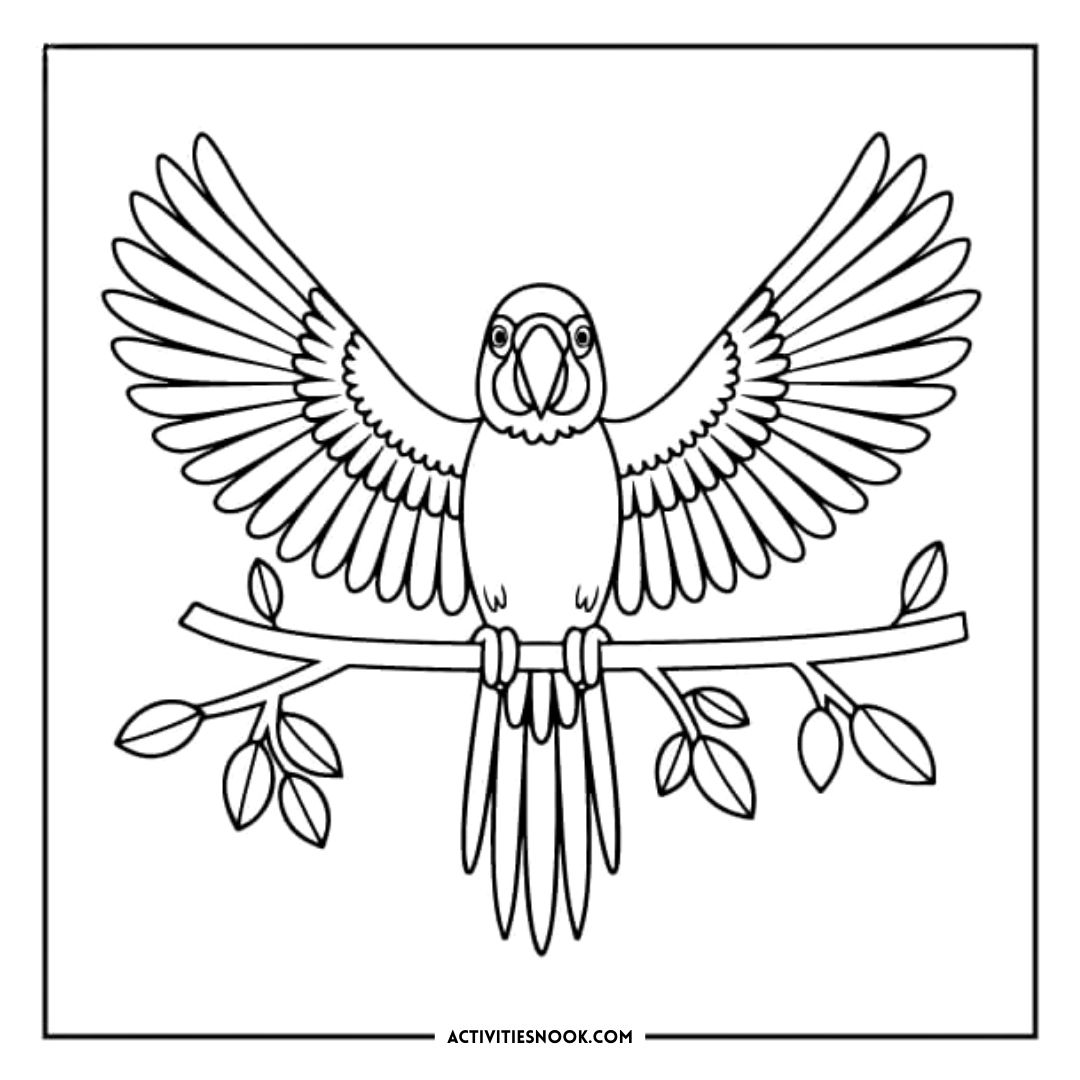 Line art illustration of a parrot with outstretched wings perched on a branch with leaves.