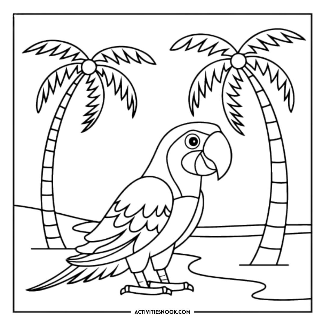 Coloring page featuring a parrot standing near palm trees on a beach scene.