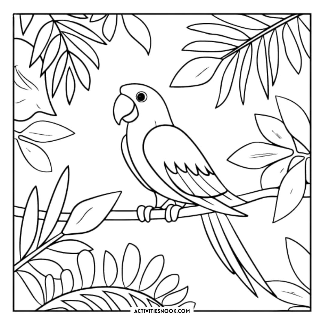 Black and white coloring page featuring a parrot perched on a branch surrounded by leaves.