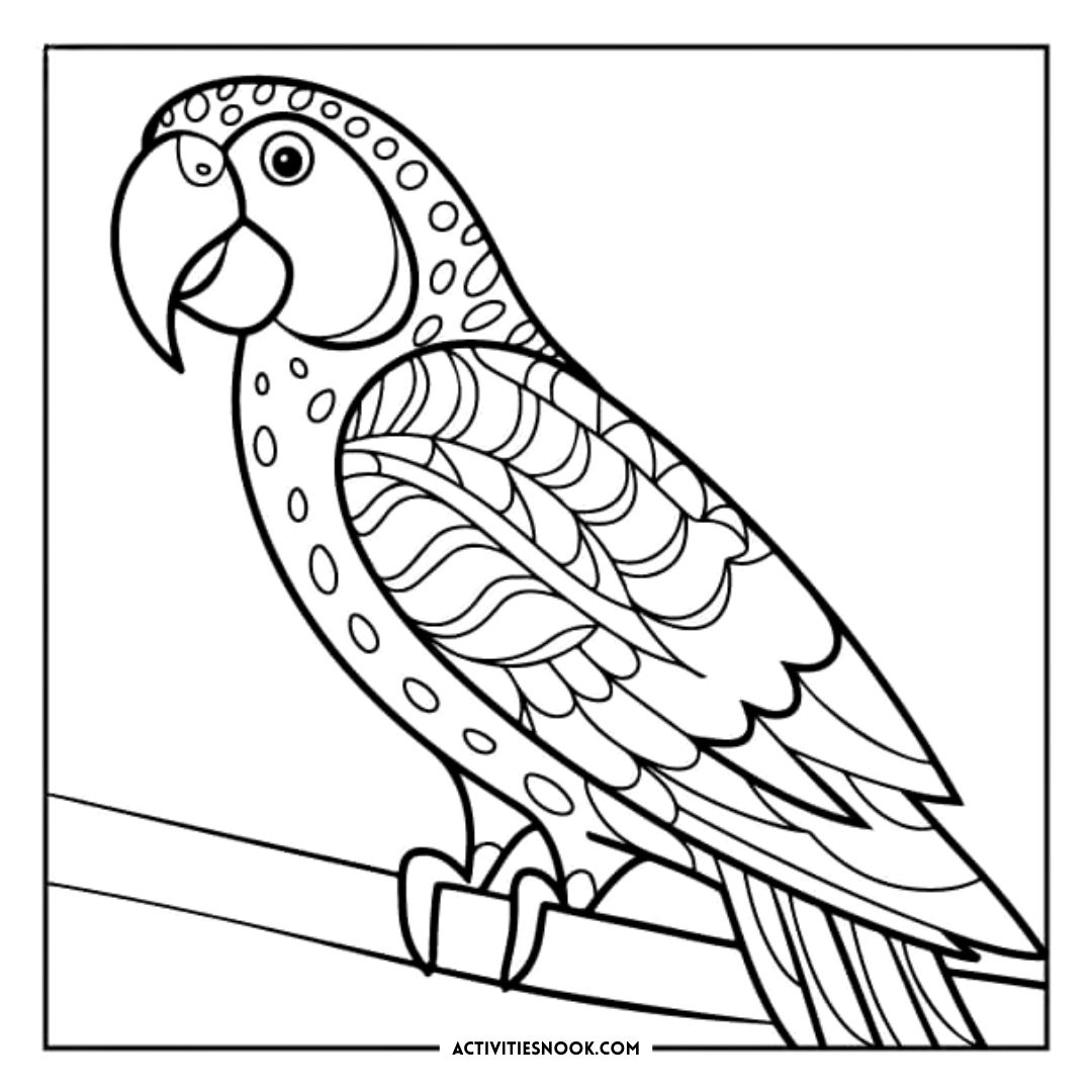 Black and white coloring page of a parrot perched on a branch with intricate feather details.