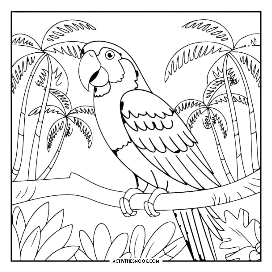 Black and white coloring page featuring a parrot perched on a branch surrounded by tropical plants.