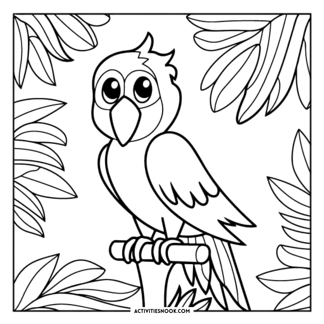 Black and white coloring page featuring a parrot perched on a branch surrounded by leaves.
