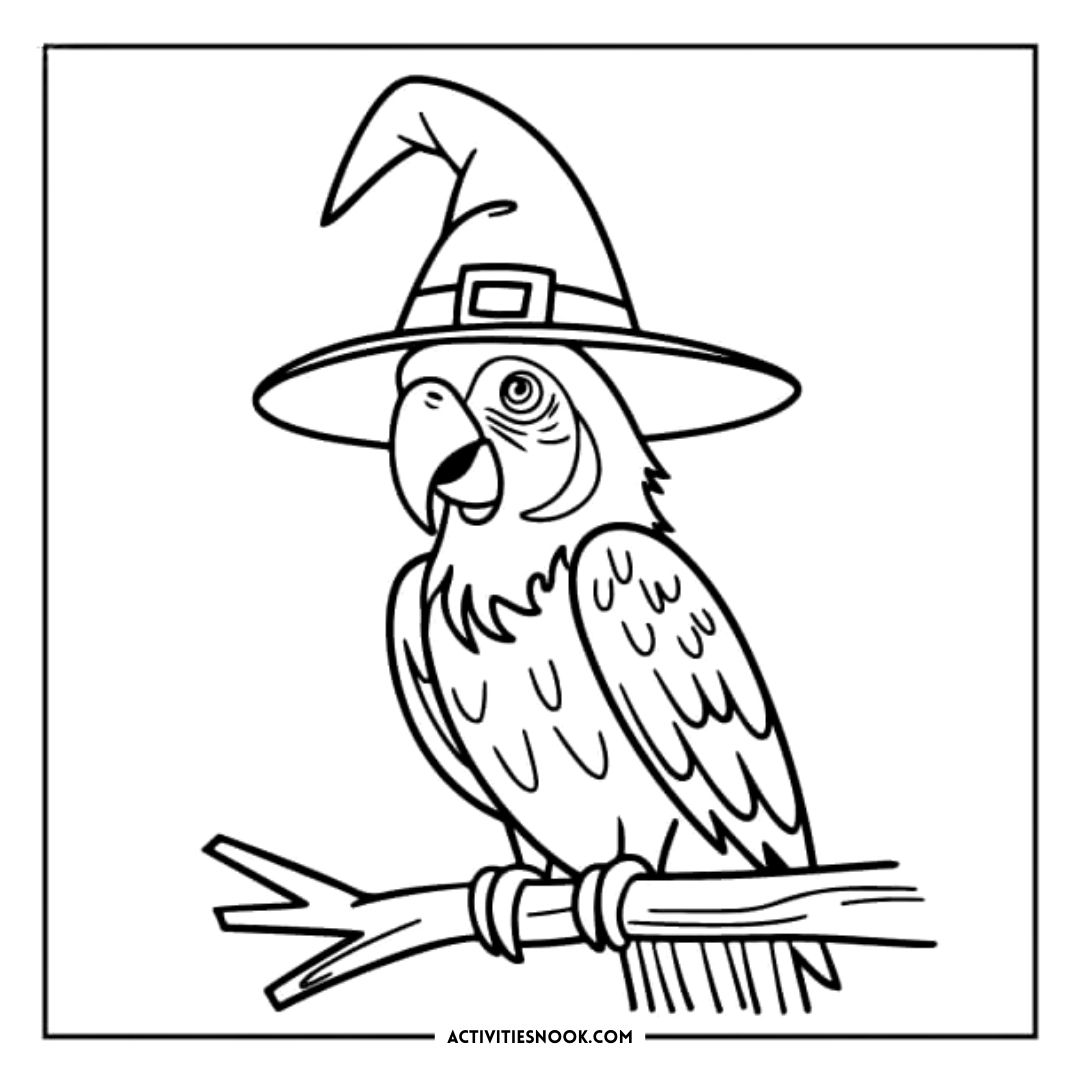 Line art of a parrot wearing a witch's hat, perched on a branch, suitable for coloring activities.