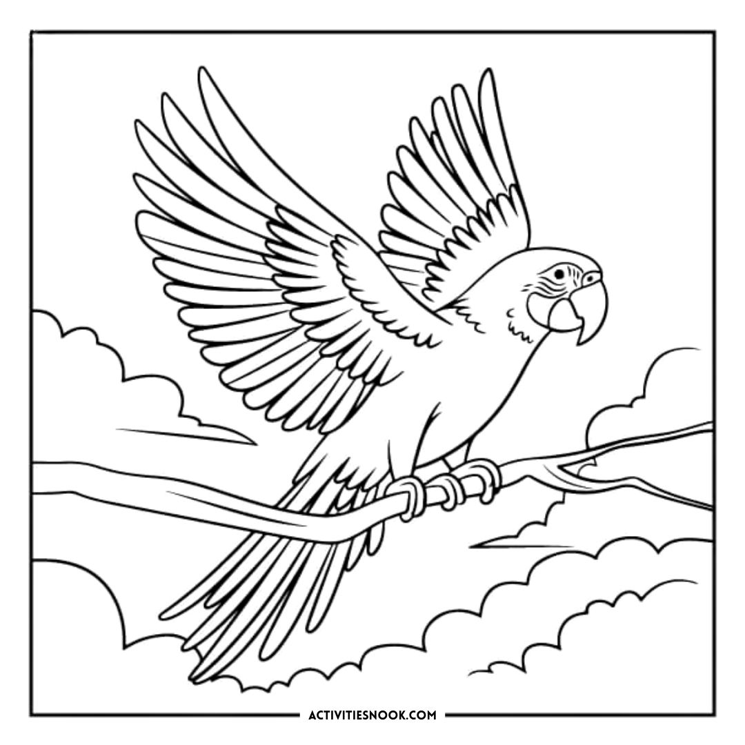 Line art illustration of a parrot with outstretched wings perched on a branch amidst clouds.