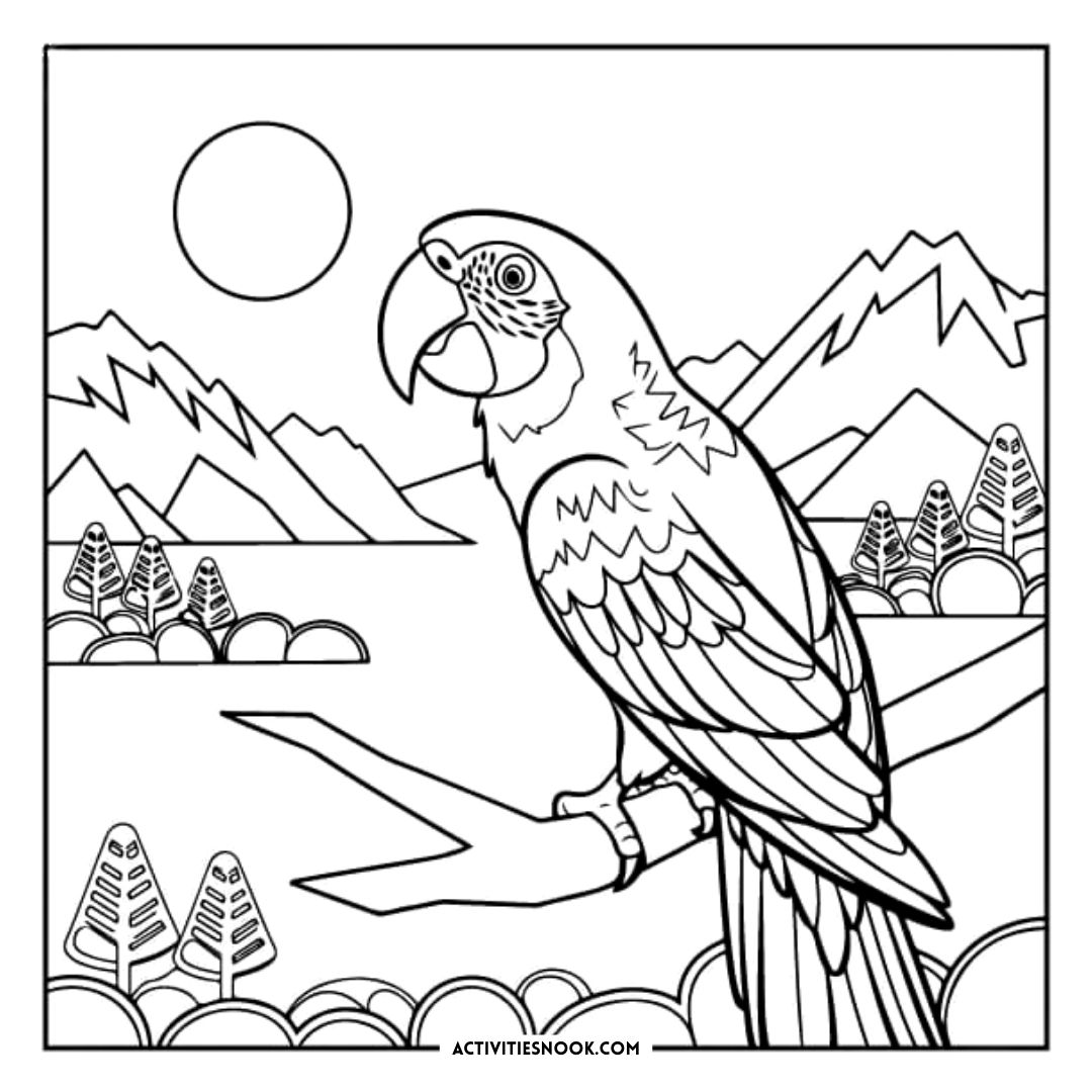 Black and white outline of a parrot perched on a branch with mountains and sun in the background.