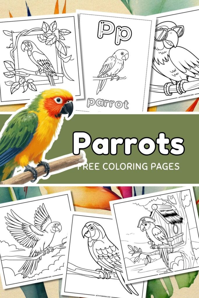 Coloring pages featuring various parrot illustrations, including a colorful parrot and line art designs.