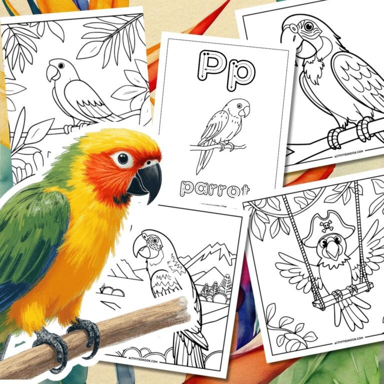 Coloring pages featuring various parrot illustrations alongside a colorful parrot perched on a branch.