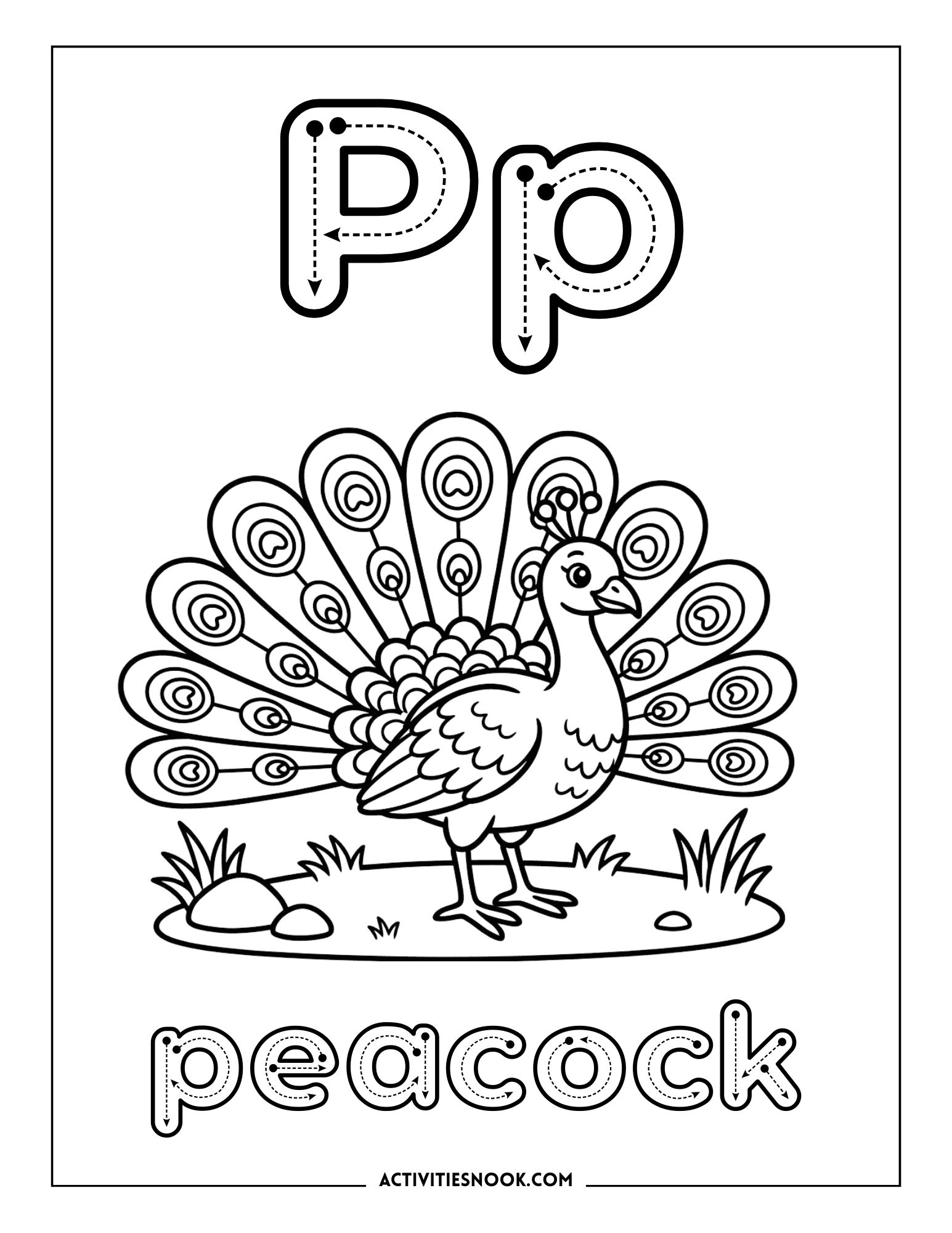 Coloring page featuring a peacock with an elaborate feather display and the letter 'P' above it.