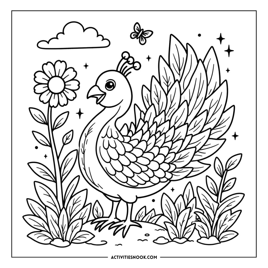 Black and white peacock coloring page with a flower and butterfly in a decorative design.