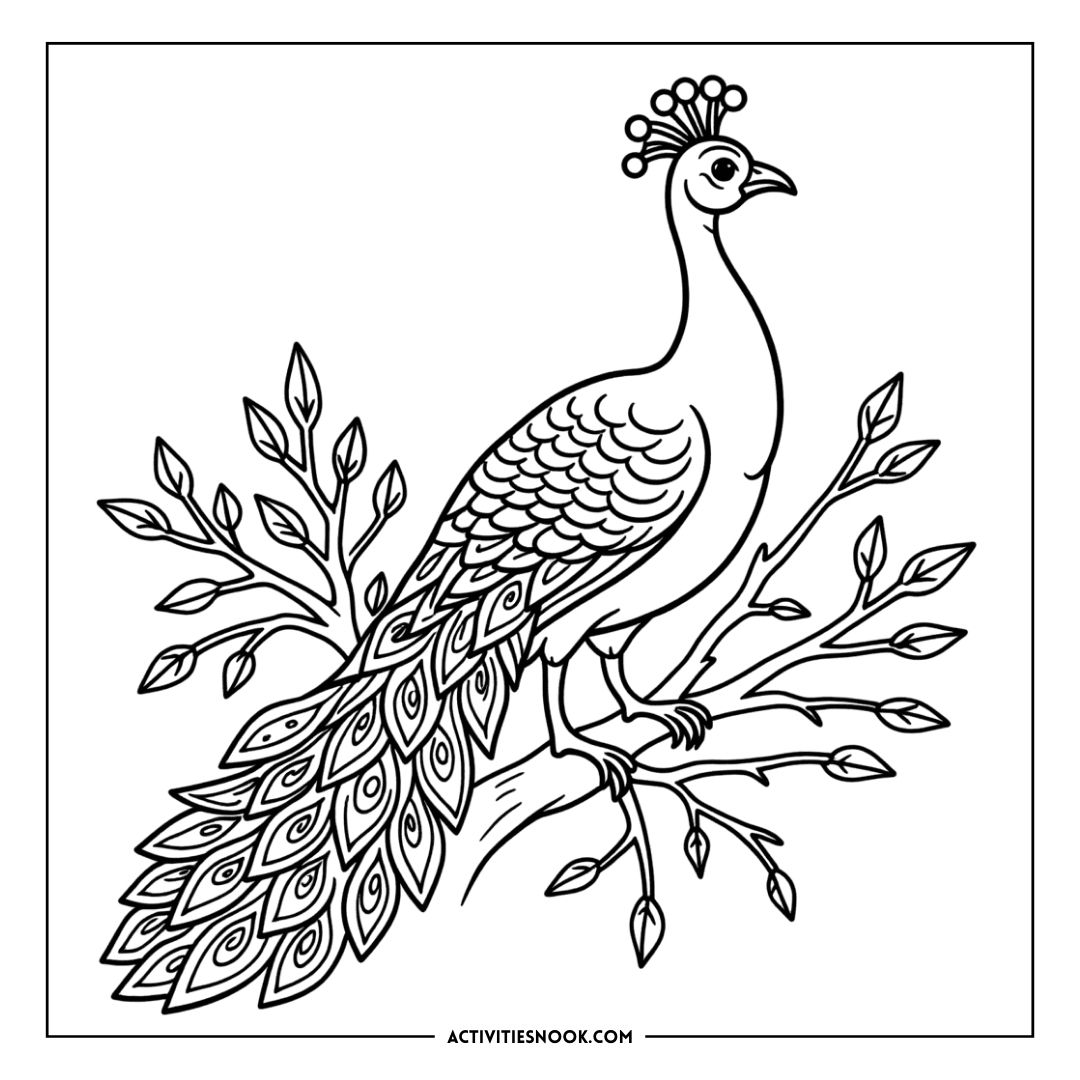 Black and white outline drawing of a peacock perched on a branch with detailed feather patterns.