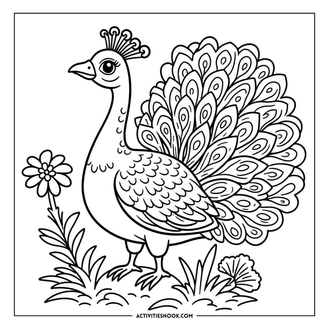 Black and white coloring page of a peacock with an ornate tail and flowers in a garden setting.