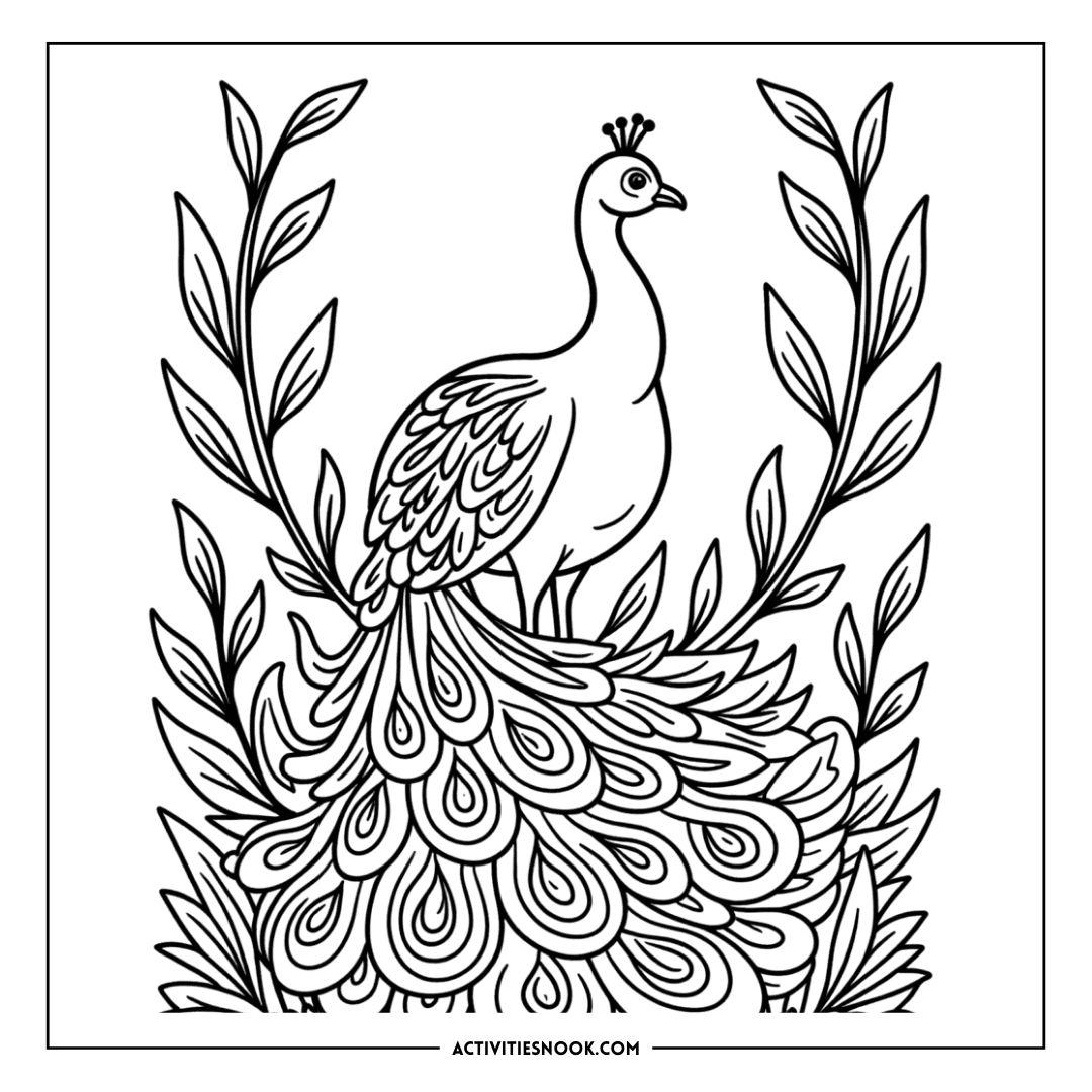 Line art illustration of a peacock standing among decorative foliage and patterns.