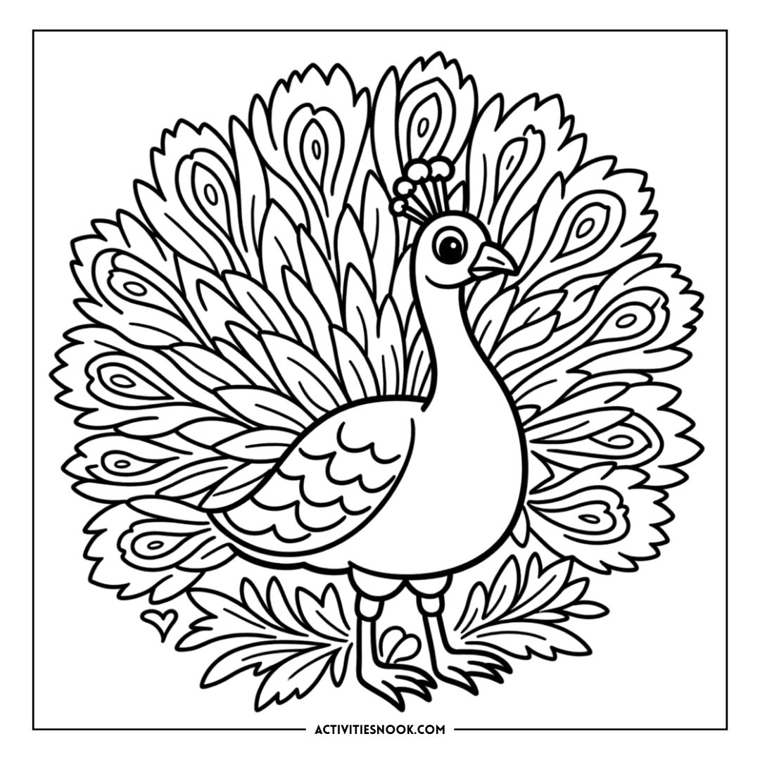 Black and white line drawing of a peacock with an elaborate feather display, suitable for coloring activities.
