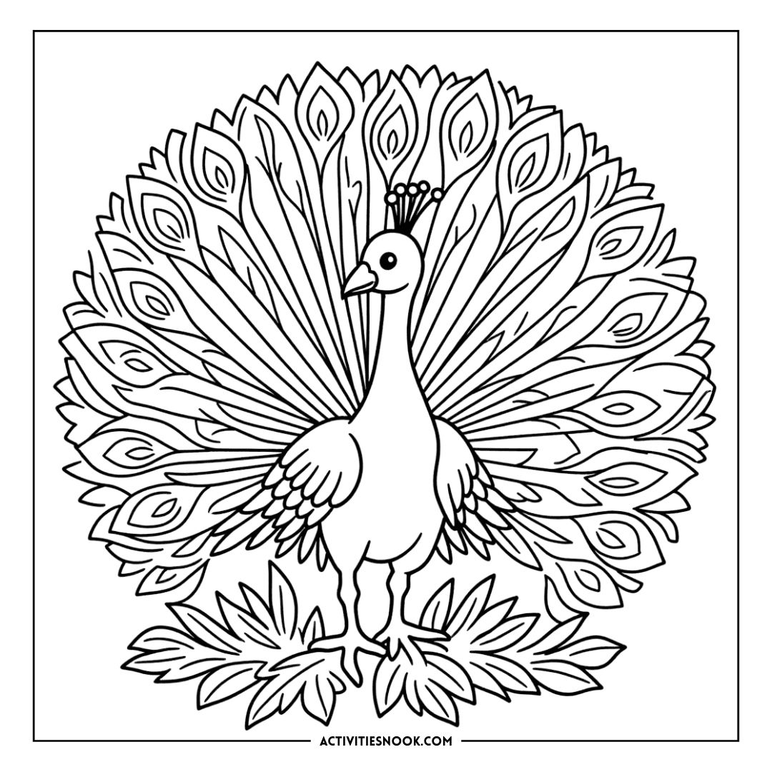Black and white peacock coloring page featuring intricate feather designs and a detailed body.