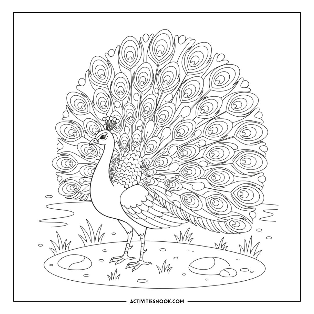 Intricate black and white coloring page featuring a peacock with a detailed feather display.