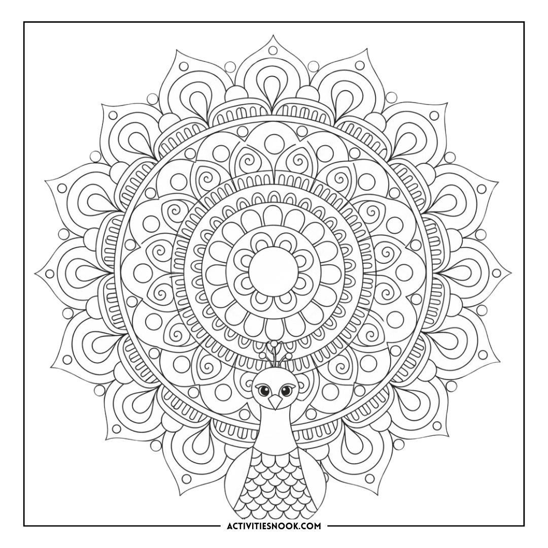 Intricate black and white peacock coloring page featuring detailed mandala patterns.