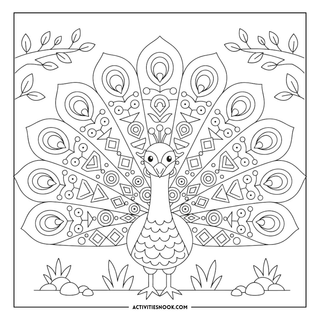 Black and white peacock coloring page featuring intricate patterns on its feathers and a stylized body.