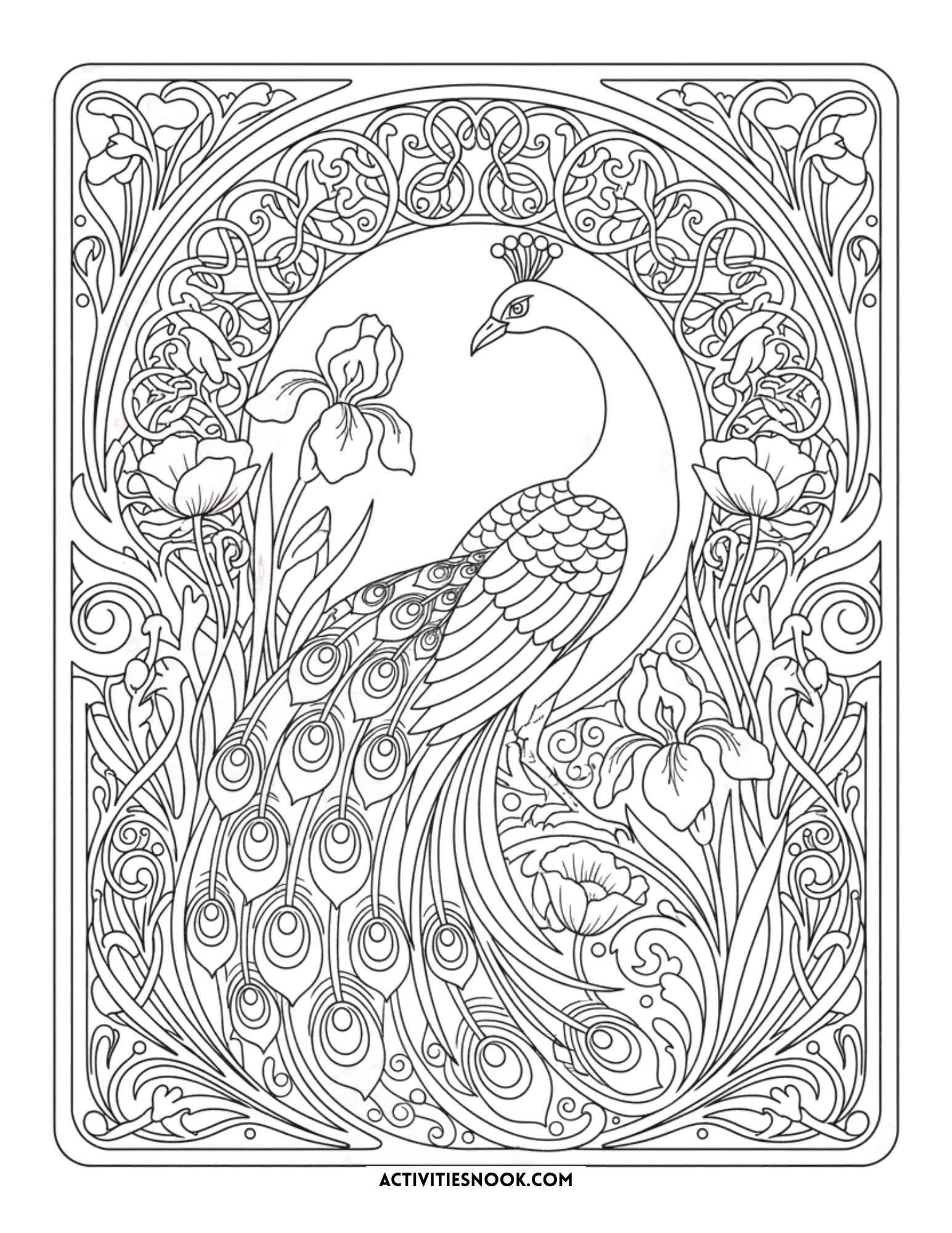 Intricate black and white coloring page featuring a peacock surrounded by floral designs and decorative elements.