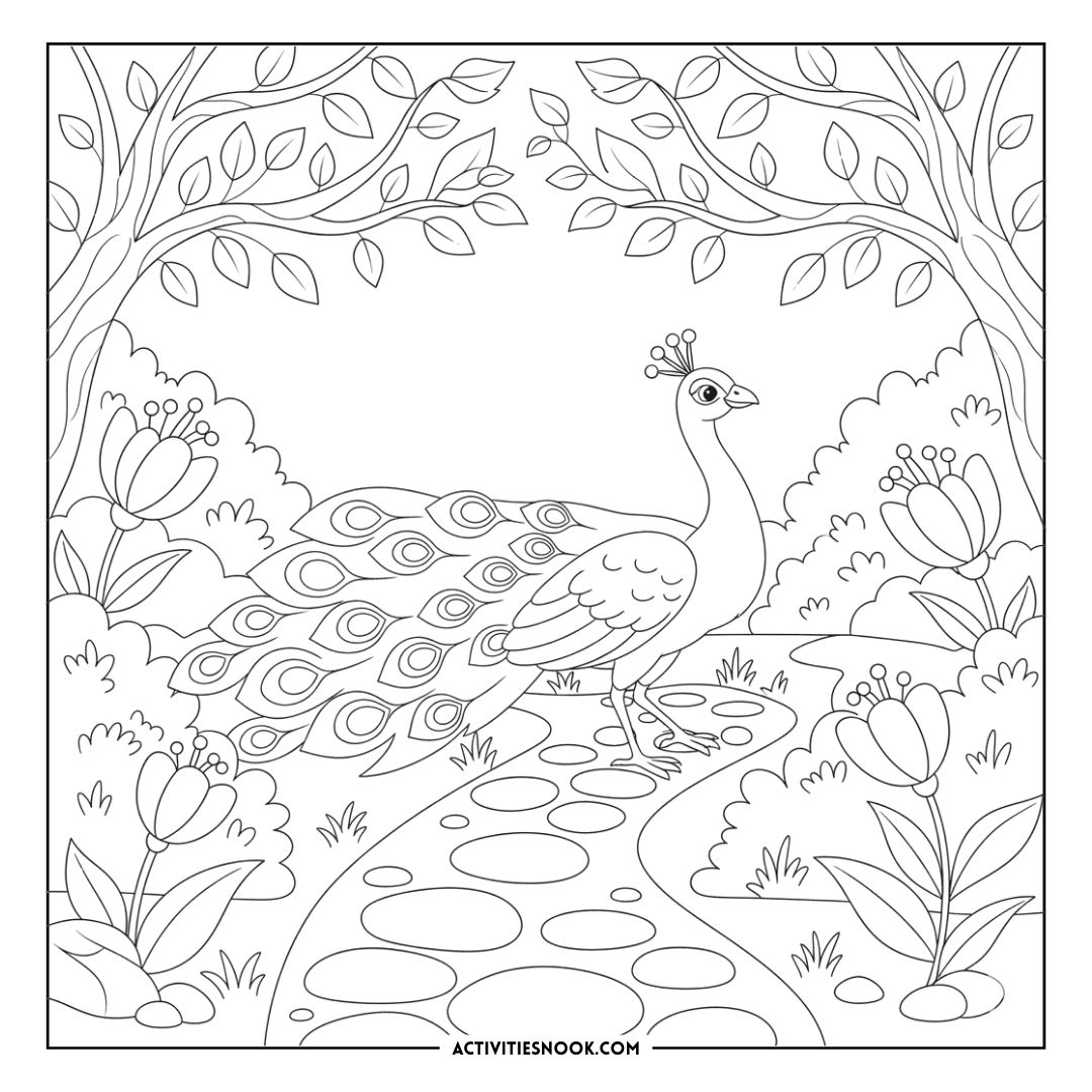 Coloring page featuring a peacock standing on a path surrounded by flowers and trees.