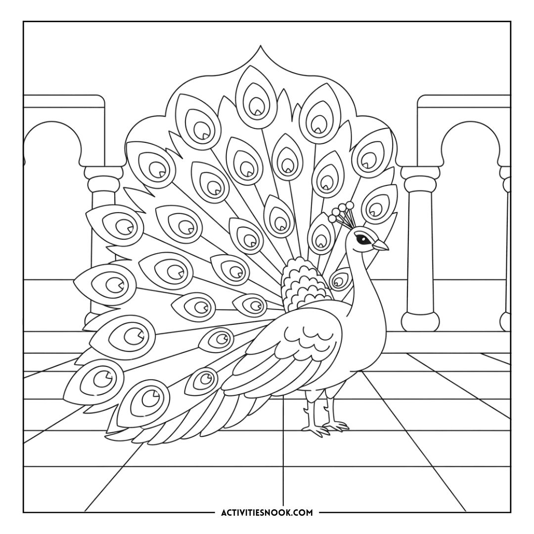 Black and white coloring page of a peacock with an ornate feather display in a geometric pattern.