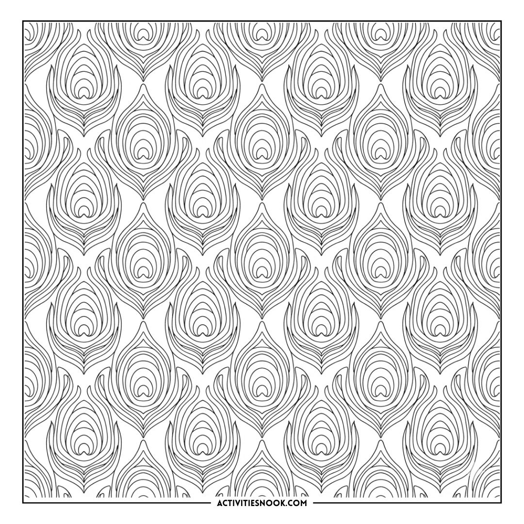 Black and white outline pattern of peacock feathers arranged in a repeating design.