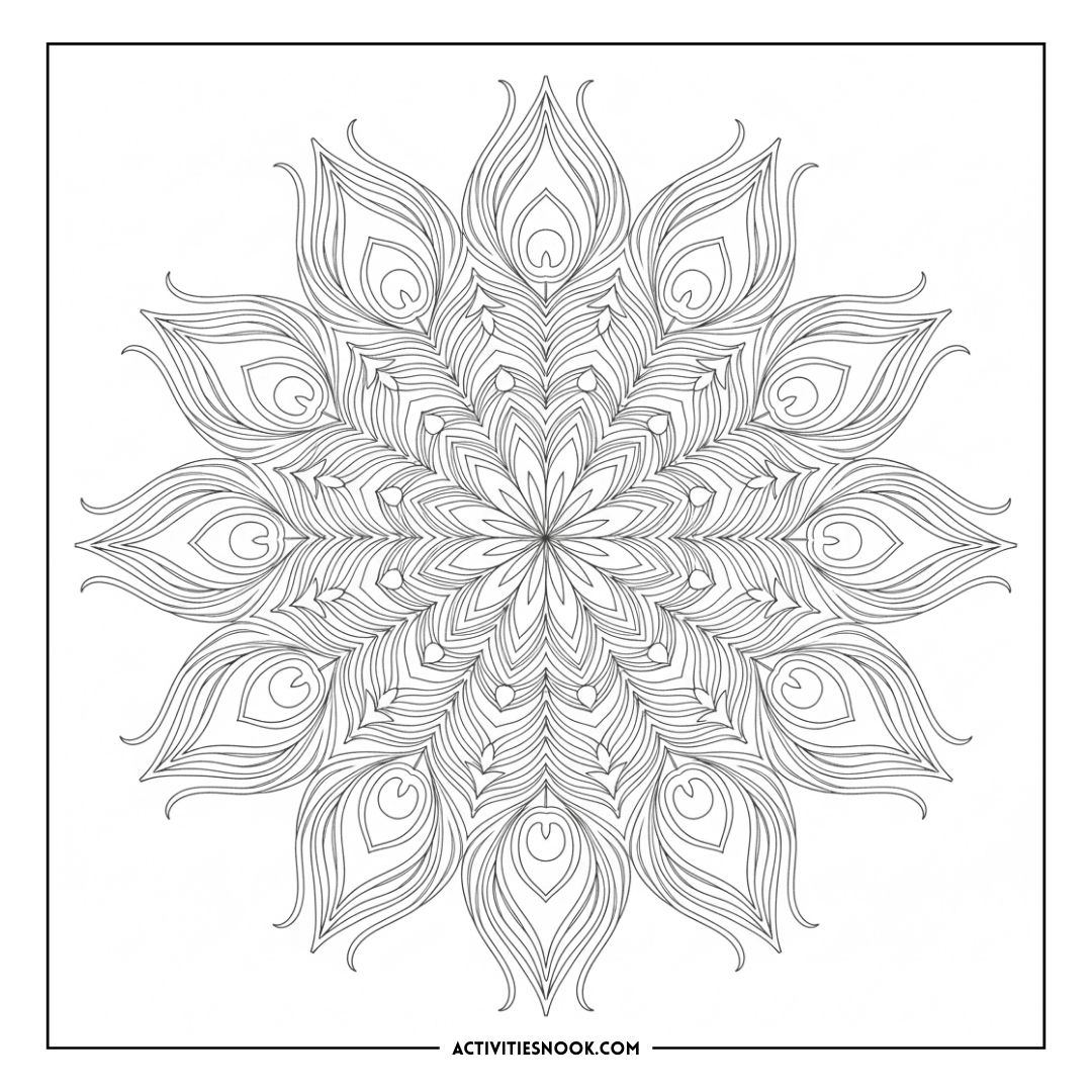 Intricate peacock feather coloring page design featuring detailed line art in a circular pattern.